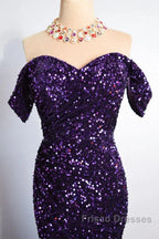 Purple Sparkly Long Formal Dress Mermaid Off-Shoulder Slit
