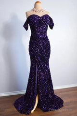 Purple Sparkly Long Formal Dress Mermaid Off-Shoulder Slit