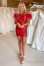 Purple Sparkly Tight Sequins Homecoming Dress with Feathers