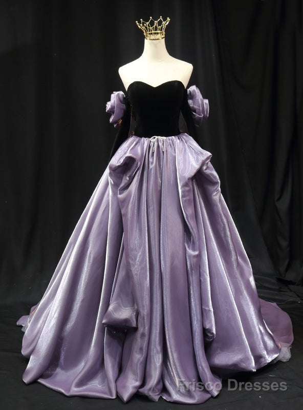 Purple Strapless Black Velvet Long Sleeve Prom Dress Main image