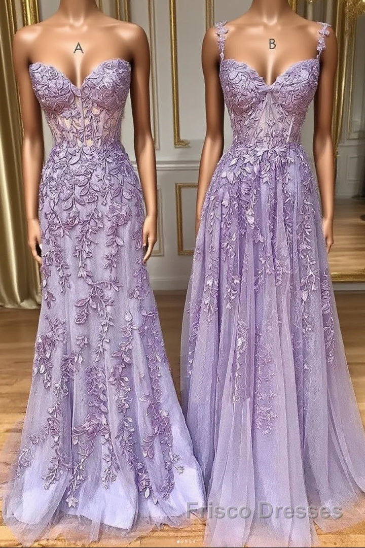 Purple sweetheart neck lace long Formal Prom Dresses, lace formal graduation Dresses Main image
