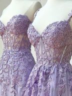 Purple sweetheart neck lace long Formal Prom Dresses, lace formal graduation Dresses
