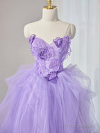 Purple Sweetheart Neck Tulle Applique Long Prom Dress, Purple Long Sweet 16 Dress
