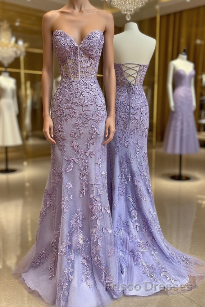 Purple sweetheart neck tulle lace mermaid long Formal Prom Dresses Main image