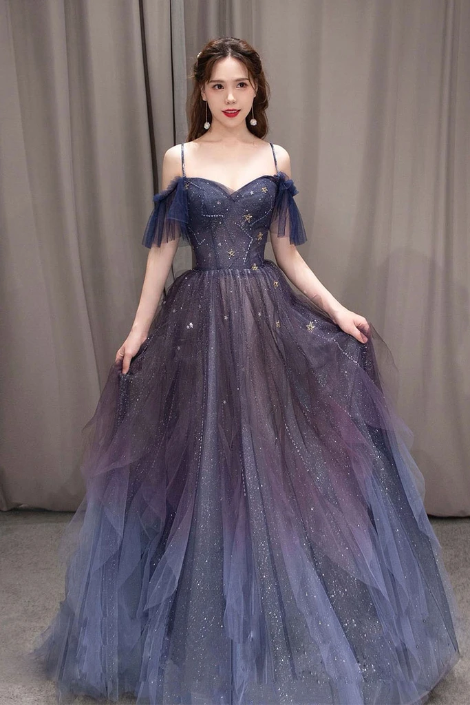 PURPLE SWEETHEART NECK TULLE LONG PROM DRESS PURPLE FORMAL DRESS Main image