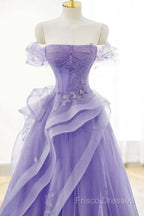 Purple Sweetheart Off Shoulder Tulle Long Party Dress, Purple Tulle Formal Prom Dress