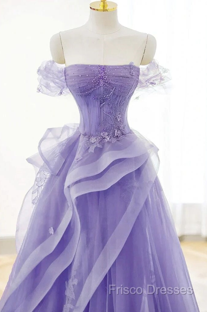 Purple Sweetheart Off Shoulder Tulle Long Party Dress, Purple Tulle Formal Prom Dress