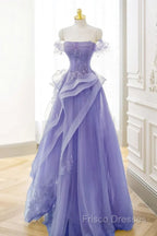 Purple Sweetheart Off Shoulder Tulle Long Party Dress, Purple Tulle Formal Prom Dress