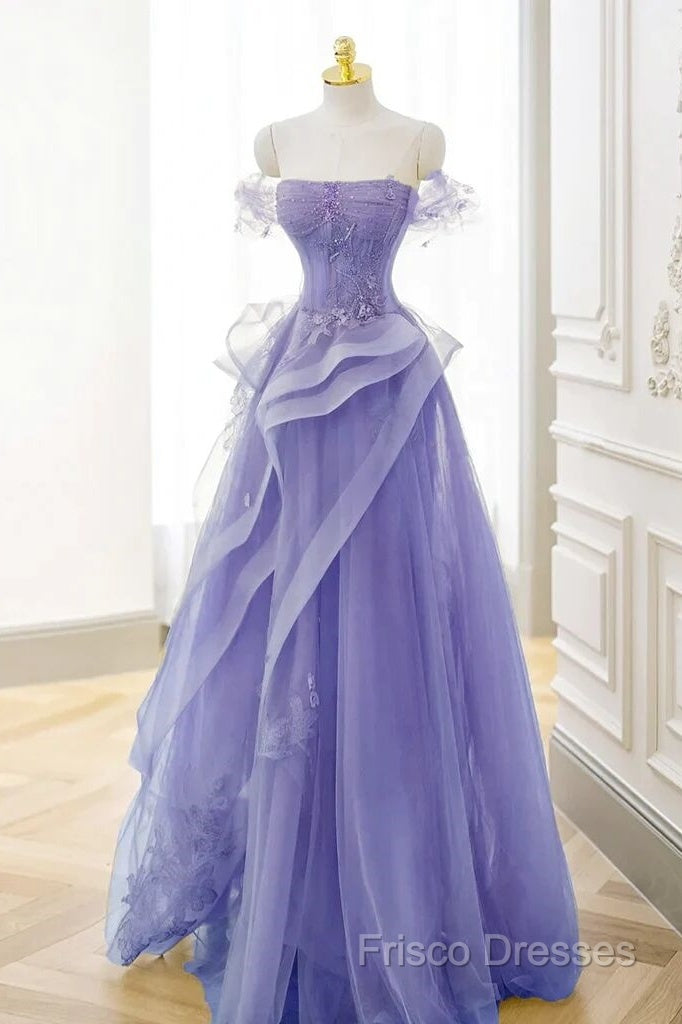 Purple Sweetheart Off Shoulder Tulle Long Party Dress, Purple Tulle Formal Prom Dress