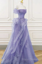Purple Sweetheart Off Shoulder Tulle Long Party Dress, Purple Tulle Formal Prom Dress