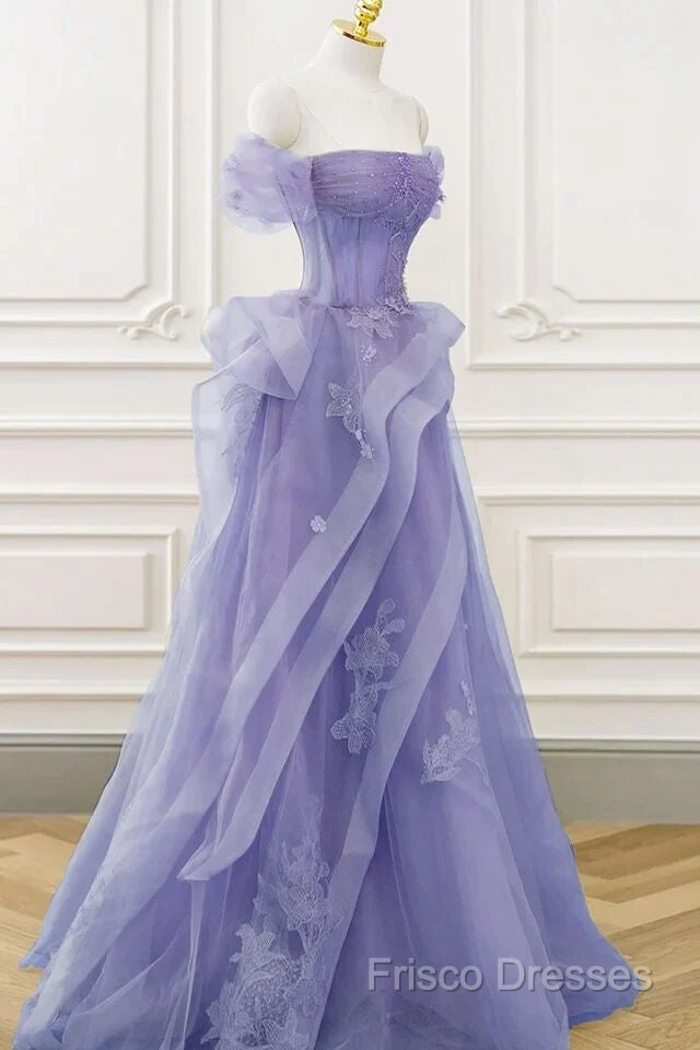 Purple Sweetheart Off Shoulder Tulle Long Party Dress, Purple Tulle Formal Prom Dress