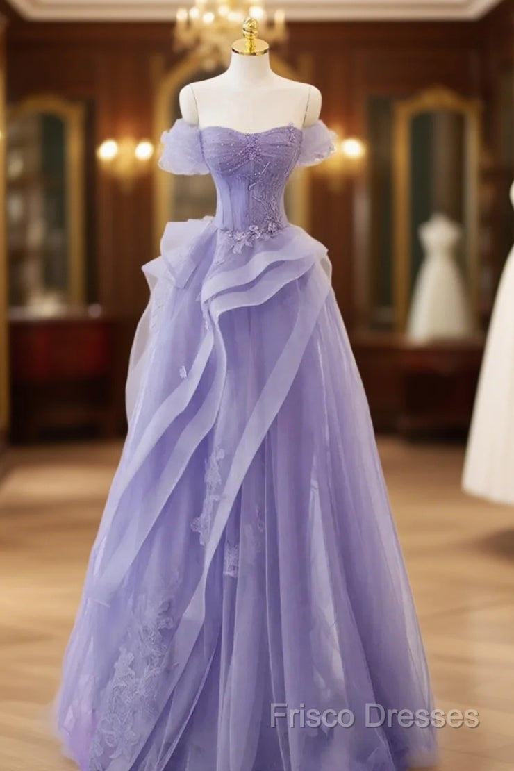 Purple Sweetheart Off Shoulder Tulle Long Party Dress, Purple Tulle Formal Prom Dress Main image