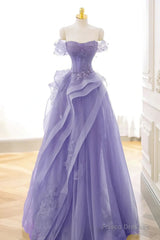 Purple Sweetheart Off Shoulder Tulle Long Party Dress, Purple Tulle Prom Dress