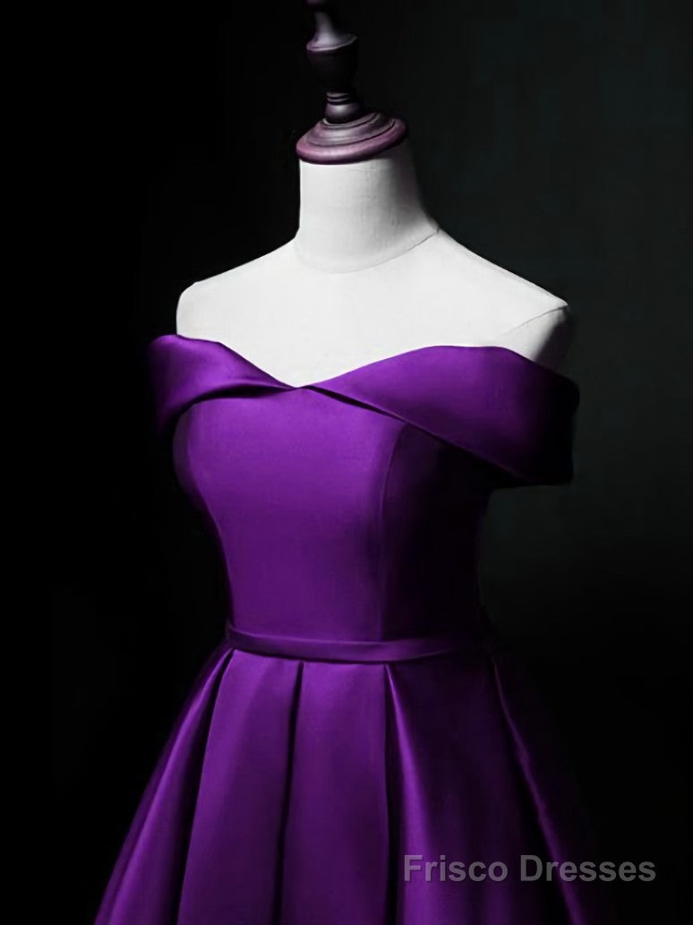 Purple Sweetheart Satin Off Shoulder Homecoming Dresses, Purple Short Prom Dresses