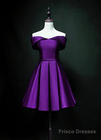 Purple Sweetheart Satin Off Shoulder Homecoming Dresses, Purple Short Prom Dresses