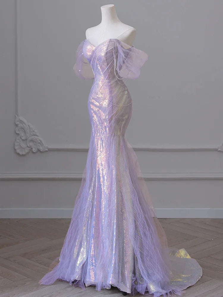 Purple’Å?Sweetheart Sequin Mermaid Gown-Fairytale Beaded Tulle Train Long Prom Dress For Events Secondary image