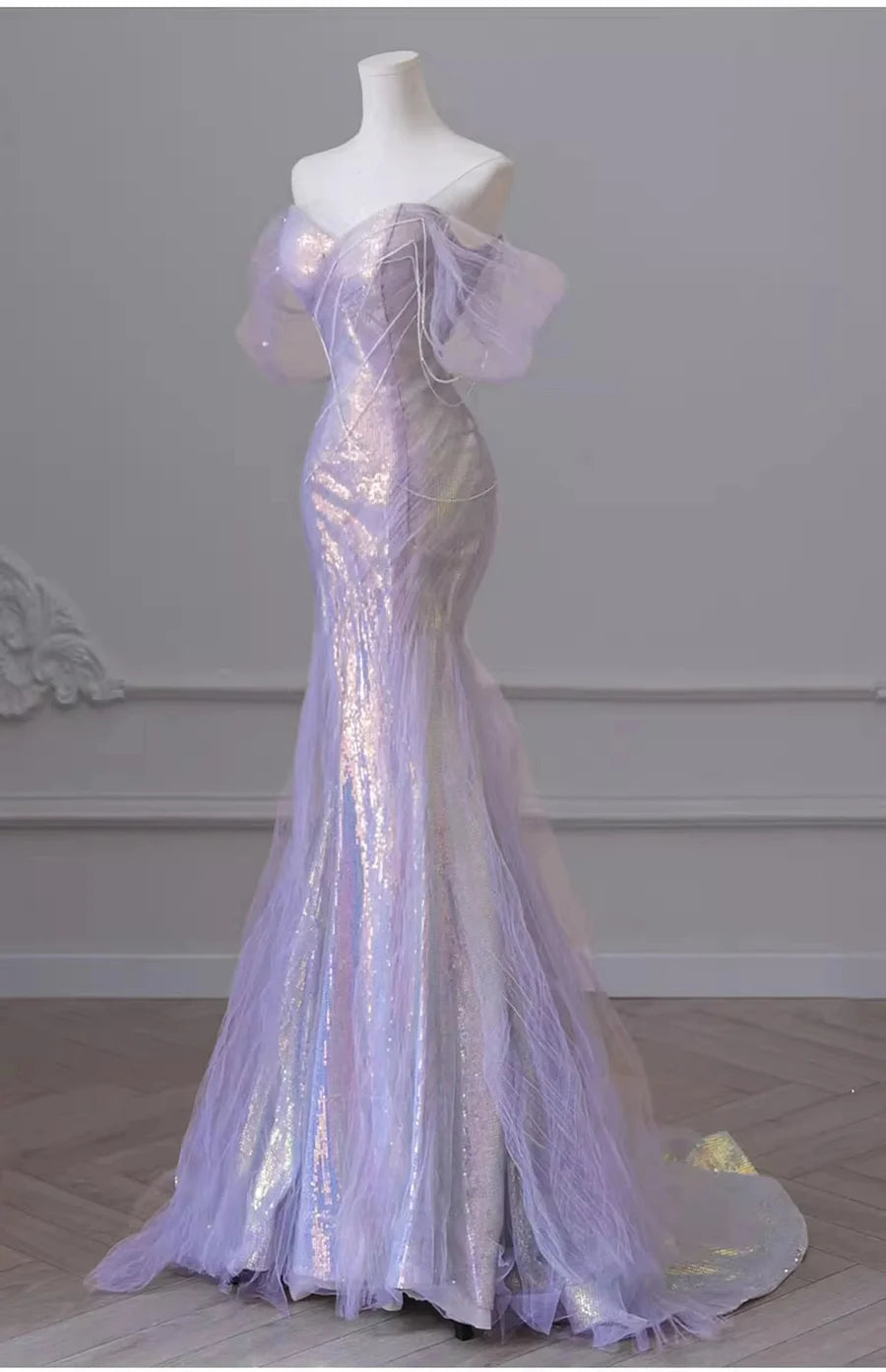Purple’Å?Sweetheart Sequin Mermaid Gown-Fairytale Beaded Tulle Train Long Prom Dress For Events
