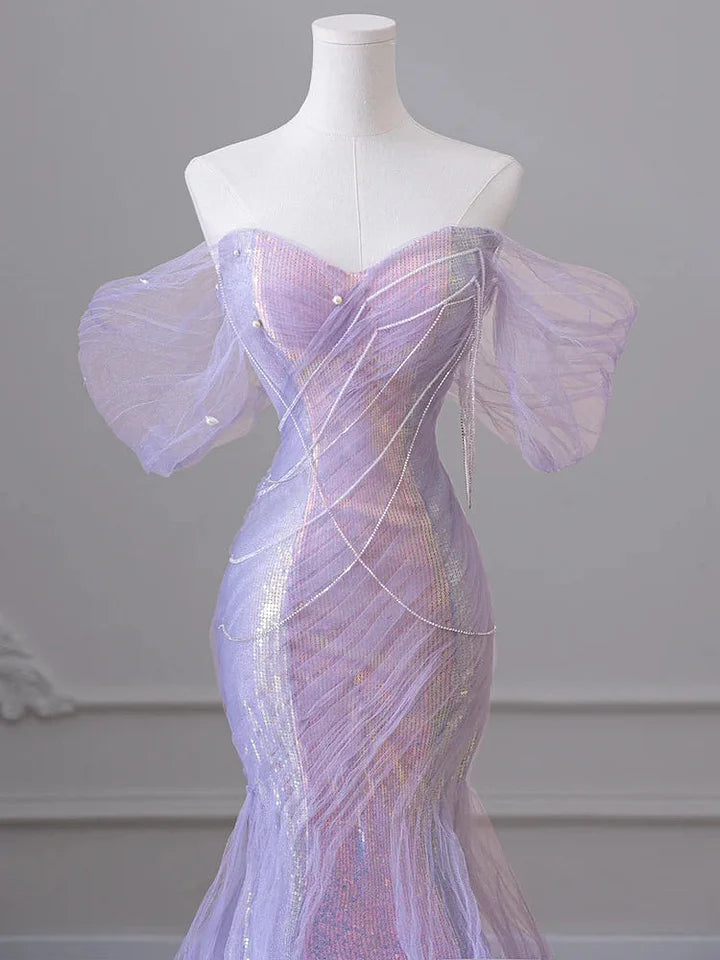 Purple’Å?Sweetheart Sequin Mermaid Gown-Fairytale Beaded Tulle Train Long Prom Dress For Events