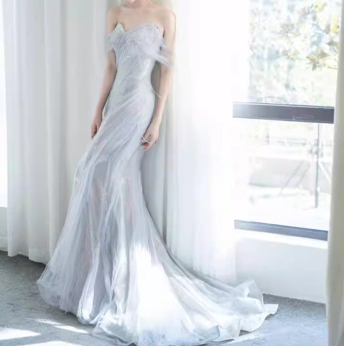Purple’Å?Sweetheart Sequin Mermaid Gown-Fairytale Beaded Tulle Train Long Prom Dress For Events