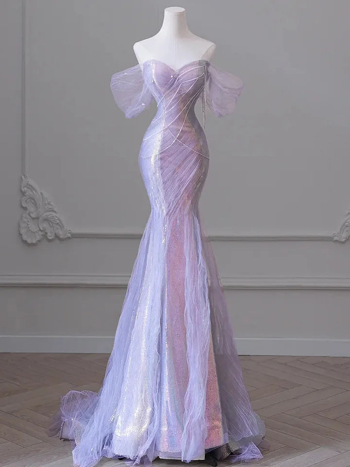 Purple’Å?Sweetheart Sequin Mermaid Gown-Fairytale Beaded Tulle Train Long Prom Dress For Events Main image