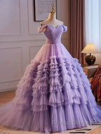 Purple Sweetheart Tulle Layers Sweet 16 Dress Long Formal Prom Dress A Line Off Shoulder Solid Color
