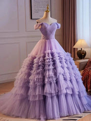 Purple Sweetheart Tulle Layers Sweet 16 Dress Long Prom Dress A Line Off Shoulder Solid Color
