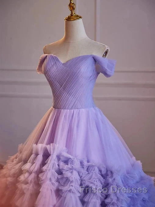 Purple Sweetheart Tulle Layers Sweet 16 Dress Long Formal Prom Dress A Line Off Shoulder Solid Color