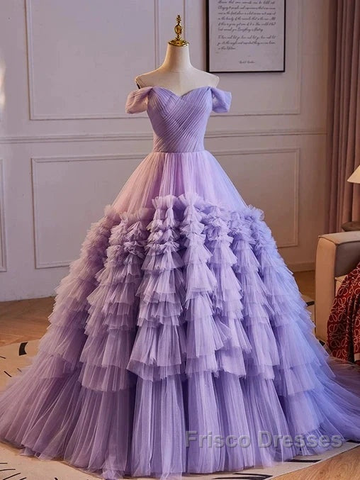 Purple Sweetheart Tulle Layers Sweet 16 Dress Long Formal Prom Dress A Line Off Shoulder Solid Color