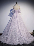 Purple Tulle A Line Long Formal Prom Dress Formal Dress With Flowers December Wedding Guest Dress
