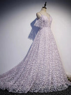 Purple Tulle A Line Long Formal Prom Dress Formal Dress With Flowers December Wedding Guest Dress