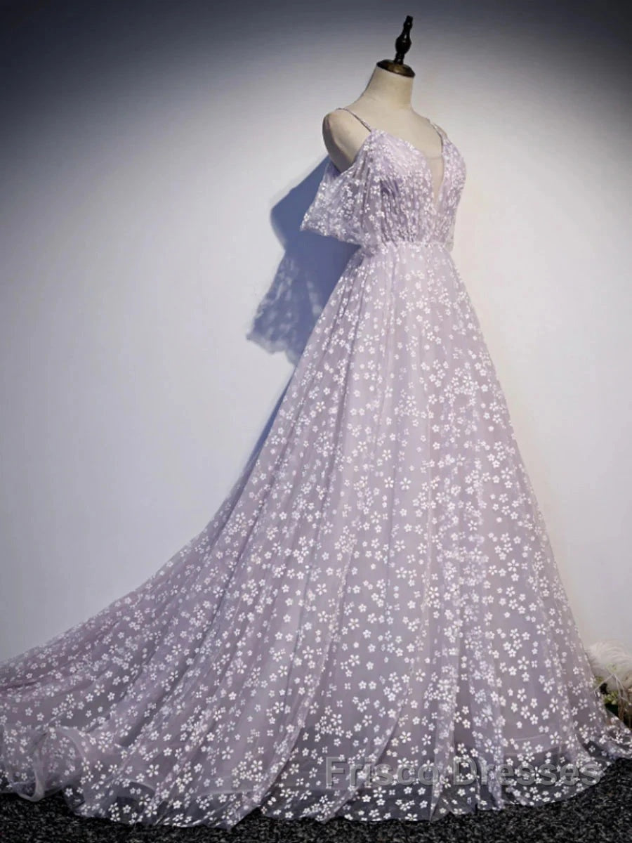 Purple Tulle A Line Long Formal Prom Dress Formal Dress With Flowers December Wedding Guest Dress