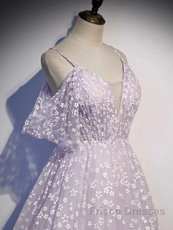 Purple Tulle A Line Long Formal Prom Dress Formal Dress With Flowers December Wedding Guest Dress
