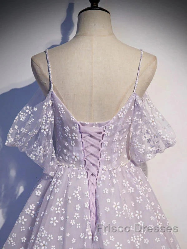 Purple Tulle A Line Long Formal Prom Dress Formal Dress With Flowers December Wedding Guest Dress