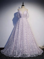 Purple Tulle A Line Long Formal Prom Dress Formal Dress With Flowers December Wedding Guest Dress