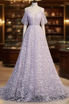 Purple Tulle A Line Long Formal Prom Dress Formal Dress With Flowers December Wedding Guest Dress