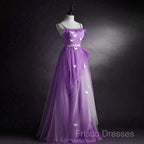 Purple Tulle A-Line Straps Long Formal Dress, Purple Floor Length Formal Prom Dress