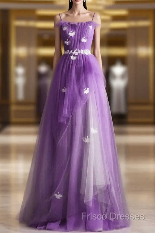 Purple Tulle A-Line Straps Long Formal Dress, Purple Floor Length Formal Prom Dress Main image
