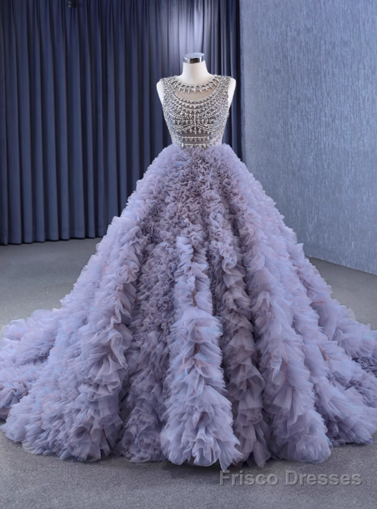Purple Tulle Ball Gown Crystal Prom Dress Main image