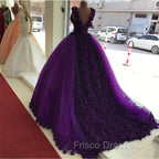 Purple Tulle Ball Gowns Flower Wedding Dress Crystal Beaded Bodice