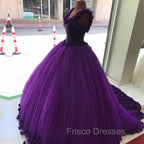 Purple Tulle Ball Gowns Flower Wedding Dress Crystal Beaded Bodice
