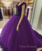 Purple Tulle Ball Gowns Flower Wedding Dress Crystal Beaded Bodice