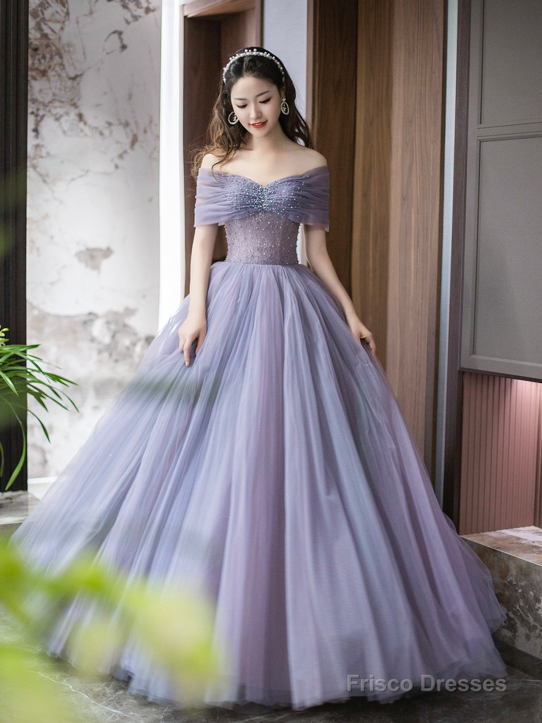 Purple Tulle Beaded Floor Length Prom Dress, Off Shoulder A-Line Evening Dress Main image
