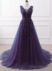 Purple Tulle Beaded Long Formal Party Dress, Dark Purple Evening Dress