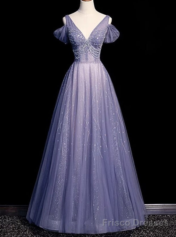 Purple Tulle Deep V-neck Beading Prom Dress Main image