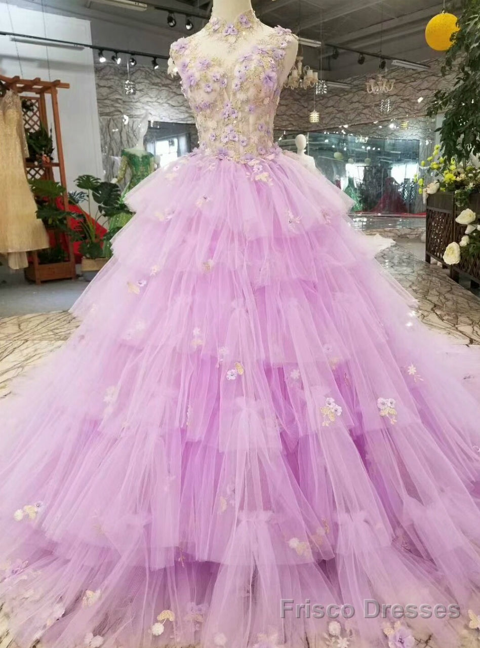 Purple Tulle High Neck Corset Backless Appliqeus Wedding Dress With Long Train Main image