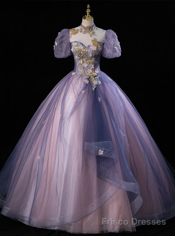Purple Tulle High Neck Puff Sleeve Appliques Quinceanera Dress Main image