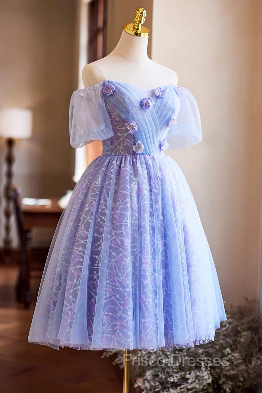 Purple Tulle Knee Length Formal Prom Dress, Lovely Off The Shoulder Party Dress