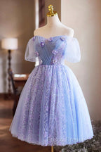 Purple Tulle Knee Length Formal Prom Dress, Lovely Off The Shoulder Party Dress