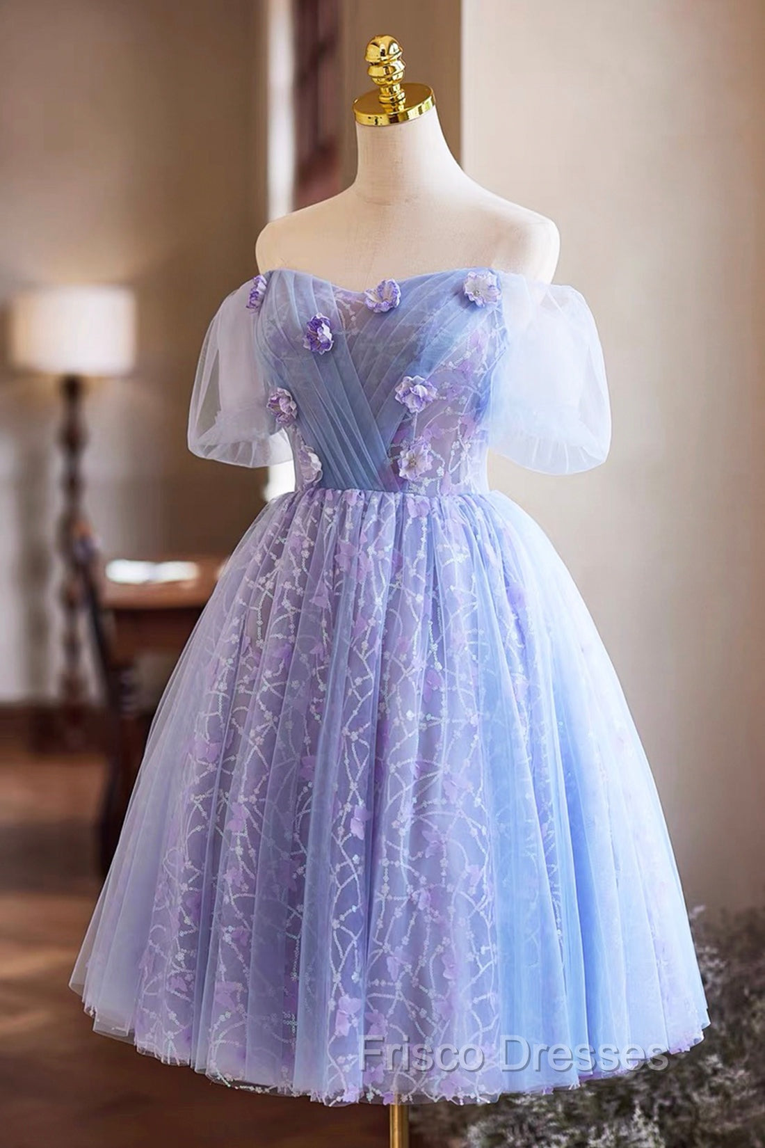 Purple Tulle Knee Length Formal Prom Dress, Lovely Off The Shoulder Party Dress