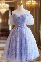 Purple Tulle Knee Length Formal Prom Dress, Lovely Off The Shoulder Party Dress